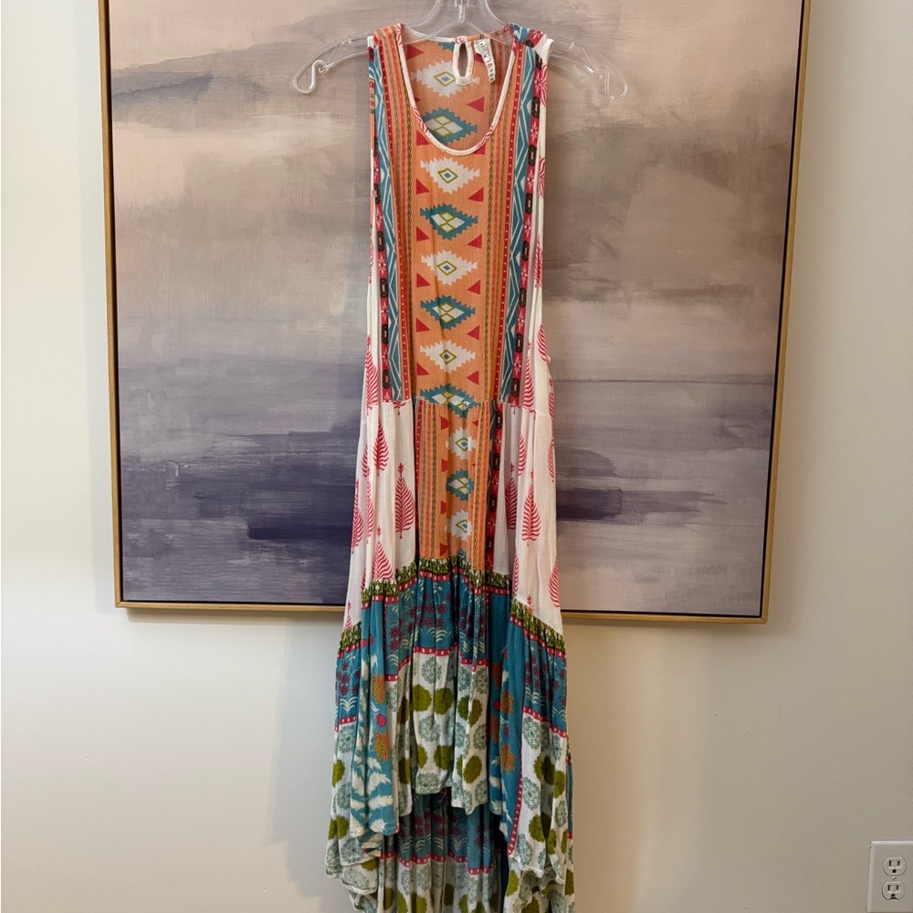 Multicolor Sleeveless Maxi Swim Beach Cover Up Aztec Tropical Design